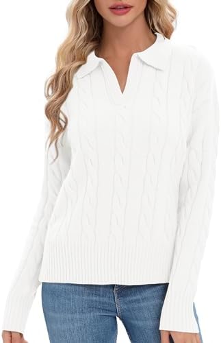Cable Knit Sweaters Long Sleeve V Neck Pullover Polo Sweater Tops 2024 Winter Trendy Outfits, White
