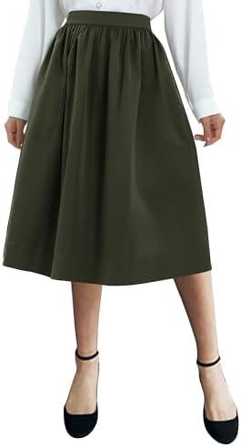 Casual Elastic Waist Vintage A-Line Pleated Flared Midi Skirt with Pockets, Army Green