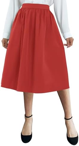 Casual Elastic Waist Vintage A-Line Pleated Flared Midi Skirt with Pockets