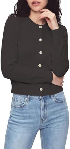 Casual Long Sleeve Button Up Cropped Cardigan Sweater Soft Stretchy Knit Jacket, Black Coffee