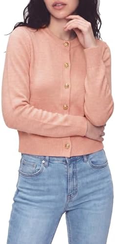 Casual Long Sleeve Button Up Cropped Cardigan Sweater Soft Stretchy Knit Jacket, Orange Pink