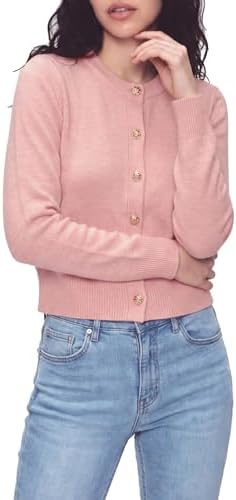 Casual Long Sleeve Button Up Cropped Cardigan Sweater Soft Stretchy Knit Jacket, Pink