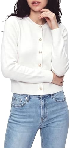 Casual Long Sleeve Button Up Cropped Cardigan Sweater Soft Stretchy Knit Jacket, White