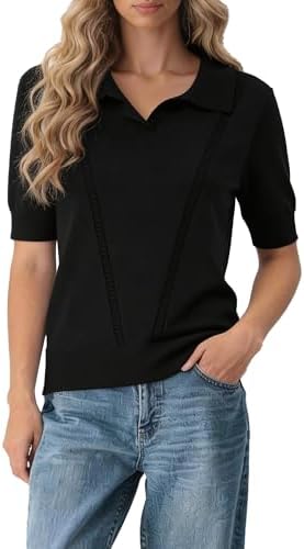 Casual Summer Short Sleeve Sweater Button Down V-Neck Knitted Crop Tops, Black