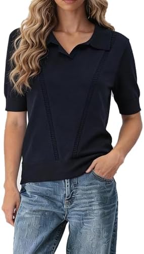 Casual Summer Short Sleeve Sweater Button Down V-Neck Knitted Crop Tops, Navy Blue
