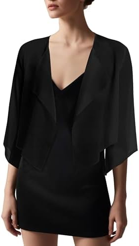 Chiffon Bolero Shrug, 3/4 Sleeve Dress Cover Up, Black