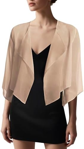 Chiffon Bolero Shrug, 3/4 Sleeve Dress Cover Up, Khaki