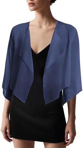 Chiffon Bolero Shrug, 3/4 Sleeve Dress Cover Up, Navy Blue