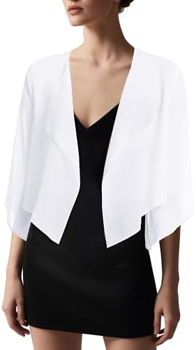 Chiffon Bolero Shrug, 3/4 Sleeve Dress Cover Up, White