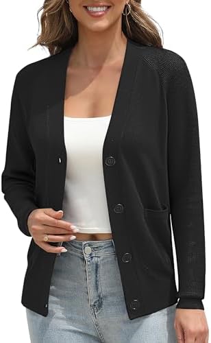 Classic Open Front Cardigan Sweaters Long Sleeve Button Down Knit Sweater, Black
