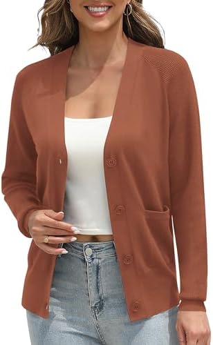 Classic Open Front Cardigan Sweaters Long Sleeve Button Down Knit Sweater, Brown