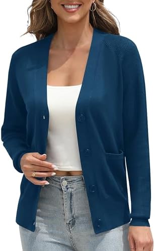 Classic Open Front Cardigan Sweaters Long Sleeve Button Down Knit Sweater, Indigo Blue