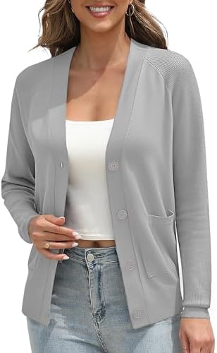 Classic Open Front Cardigan Sweaters Long Sleeve Button Down Knit Sweater, Light Gray
