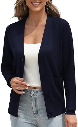 Classic Open Front Cardigan Sweaters Long Sleeve Button Down Knit Sweater, Navy Blue
