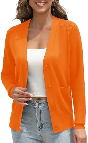 Classic Open Front Cardigan Sweaters Long Sleeve Button Down Knit Sweater, Orange