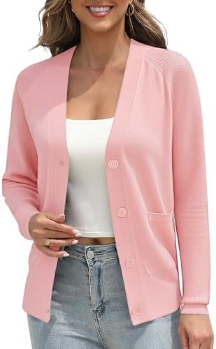 Classic Open Front Cardigan Sweaters Long Sleeve Button Down Knit Sweater, Pink