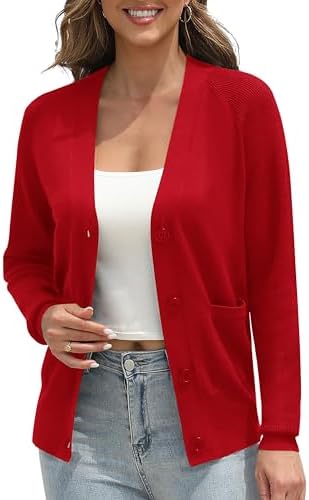 Classic Open Front Cardigan Sweaters Long Sleeve Button Down Knit Sweater, Red