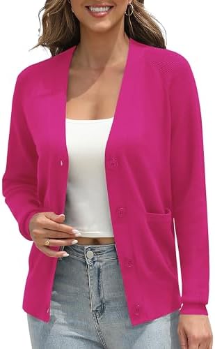 Classic Open Front Cardigan Sweaters Long Sleeve Button Down Knit Sweater, Rose