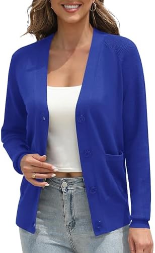 Classic Open Front Cardigan Sweaters Long Sleeve Button Down Knit Sweater, Royal Blue