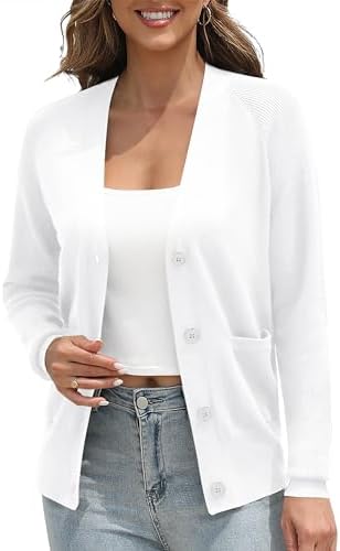 Classic Open Front Cardigan Sweaters Long Sleeve Button Down Knit Sweater, White