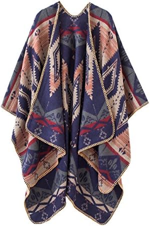 Color Block Open Front Poncho Shawl Wrap Cape Ruana, Navy Blue