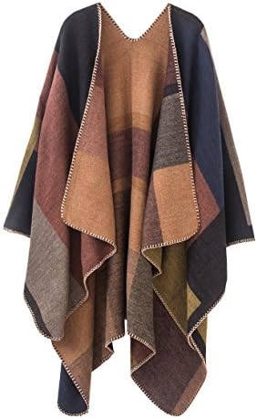 Color Block Open Front Poncho Shawl Wrap Cape Ruana, Series 1 Khaki
