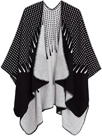 Color Block Open Front Poncho Shawl Wrap Cape Ruana, Series 16 Black