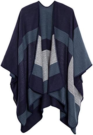 Color Block Open Front Poncho Shawl Wrap Cape Ruana, Series 17 Navy Blue