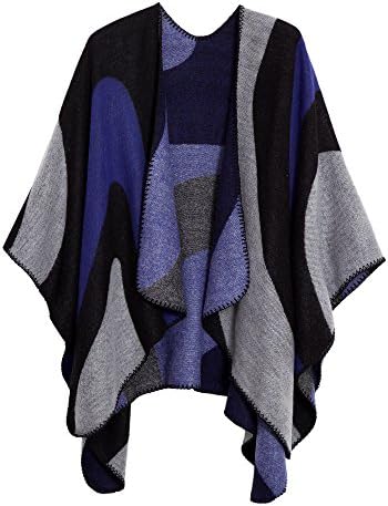 Color Block Open Front Poncho Shawl Wrap Cape Ruana, Series 19 Royal Blue