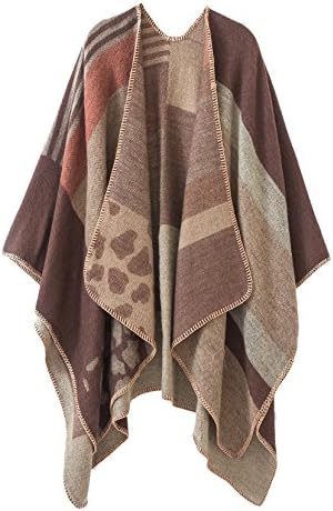Color Block Open Front Poncho Shawl Wrap Cape Ruana, Series 2 Coffee