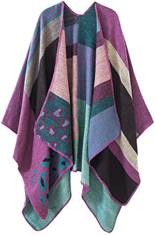 Color Block Open Front Poncho Shawl Wrap Cape Ruana, Series 2 Purple