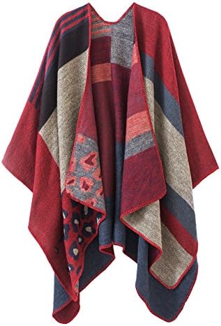 Color Block Open Front Poncho Shawl Wrap Cape Ruana, Series 2 Red