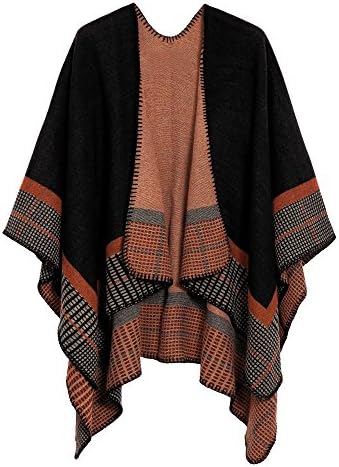 Color Block Open Front Poncho Shawl Wrap Cape Ruana, Series 20 Black