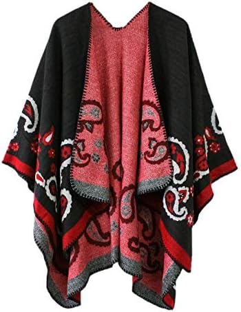 Color Block Open Front Poncho Shawl Wrap Cape Ruana, Series 21 Black