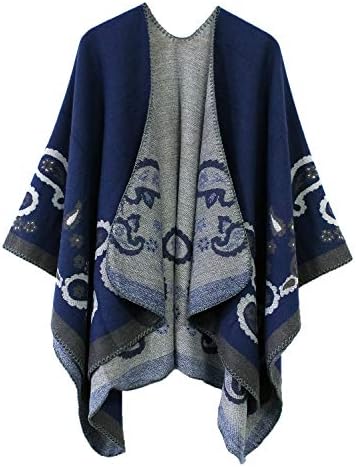 Color Block Open Front Poncho Shawl Wrap Cape Ruana, Series 21 Navy Blue