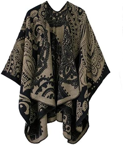 Color Block Open Front Poncho Shawl Wrap Cape Ruana, Series 23 Black