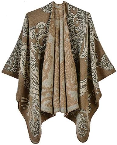 Color Block Open Front Poncho Shawl Wrap Cape Ruana, Series 23 Camel