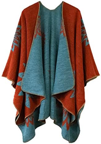 Color Block Open Front Poncho Shawl Wrap Cape Ruana, Series 24 Orange