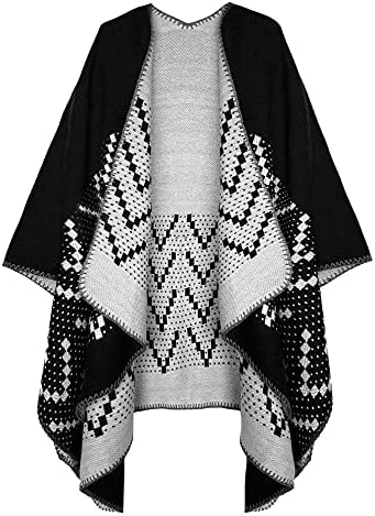 Color Block Open Front Poncho Shawl Wrap Cape Ruana, Series 26 Black