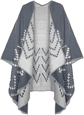 Color Block Open Front Poncho Shawl Wrap Cape Ruana, Series 26 Grey