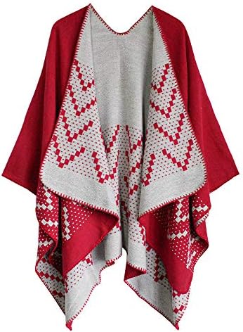 Color Block Open Front Poncho Shawl Wrap Cape Ruana, Series 26 Red