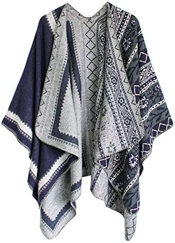 Color Block Open Front Poncho Shawl Wrap Cape Ruana, Series 27 Navy Blue