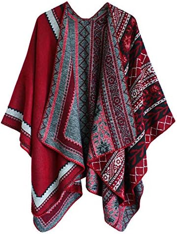 Color Block Open Front Poncho Shawl Wrap Cape Ruana, Series 27 Wine Red