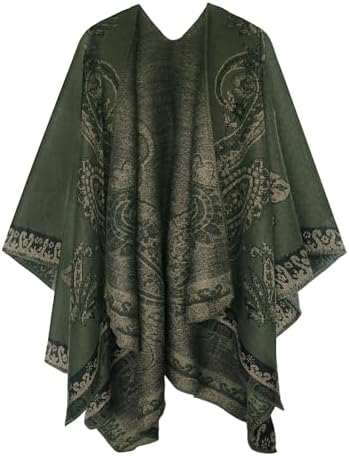Color Block Open Front Poncho Shawl Wrap Cape Ruana, Series 29 Dark Green