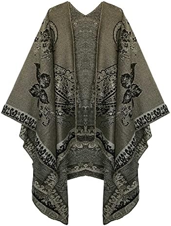 Color Block Open Front Poncho Shawl Wrap Cape Ruana, Series 29 Khaki