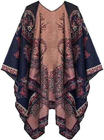 Color Block Open Front Poncho Shawl Wrap Cape Ruana, Series 29 Navy Blue