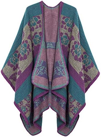 Color Block Open Front Poncho Shawl Wrap Cape Ruana, Series 3 Blue