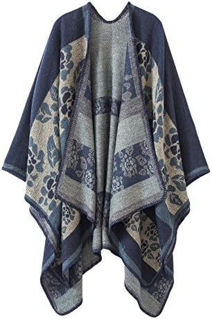 Color Block Open Front Poncho Shawl Wrap Cape Ruana, Series 3 Navy