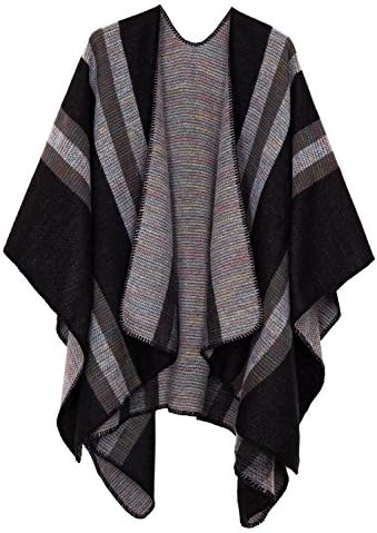 Color Block Open Front Poncho Shawl Wrap Cape Ruana, Series 9 Black