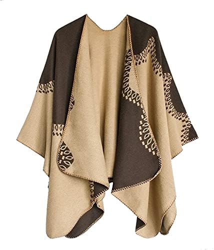 Color Block Shawl Wrap Open Front Poncho Cape, Series 28 Khaki